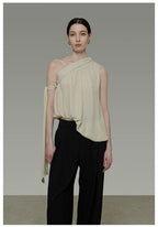 French-Inspired Asymmetric One-Shoulder Sleeveless Top with Tie Detail