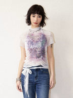 Lace Ruched Slim-Fit Printed Short Sleeve T-Shirt