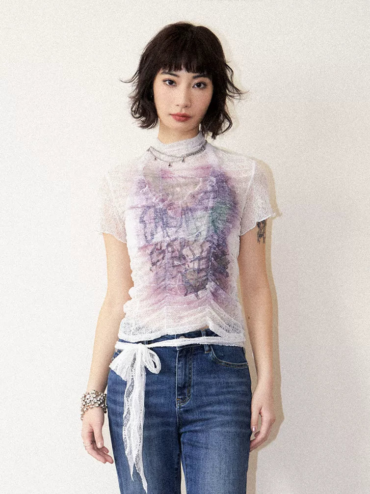 Lace Ruched Slim-Fit Printed Short Sleeve T-Shirt