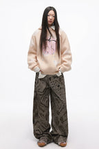 Leopard Digital Print Curved Panel Denim Pants with Double Waistband – Trendy Split Design Jeans