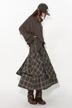Patchwork Plaid Asymmetrical Drawstring Versatile Playful Maxi Skirt