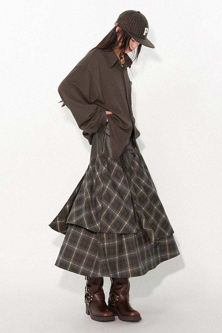 Patchwork Plaid Asymmetrical Drawstring Versatile Playful Maxi Skirt