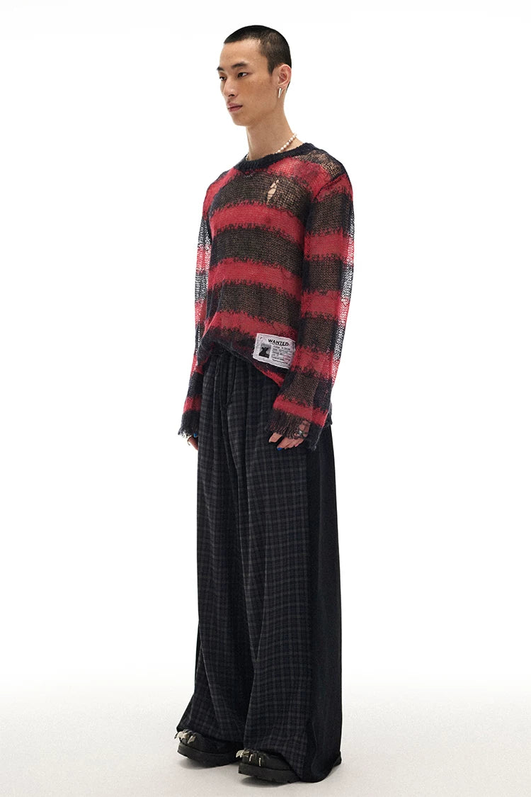 Soft Wool & Mohair Striped Open-Knit Distressed Sweater