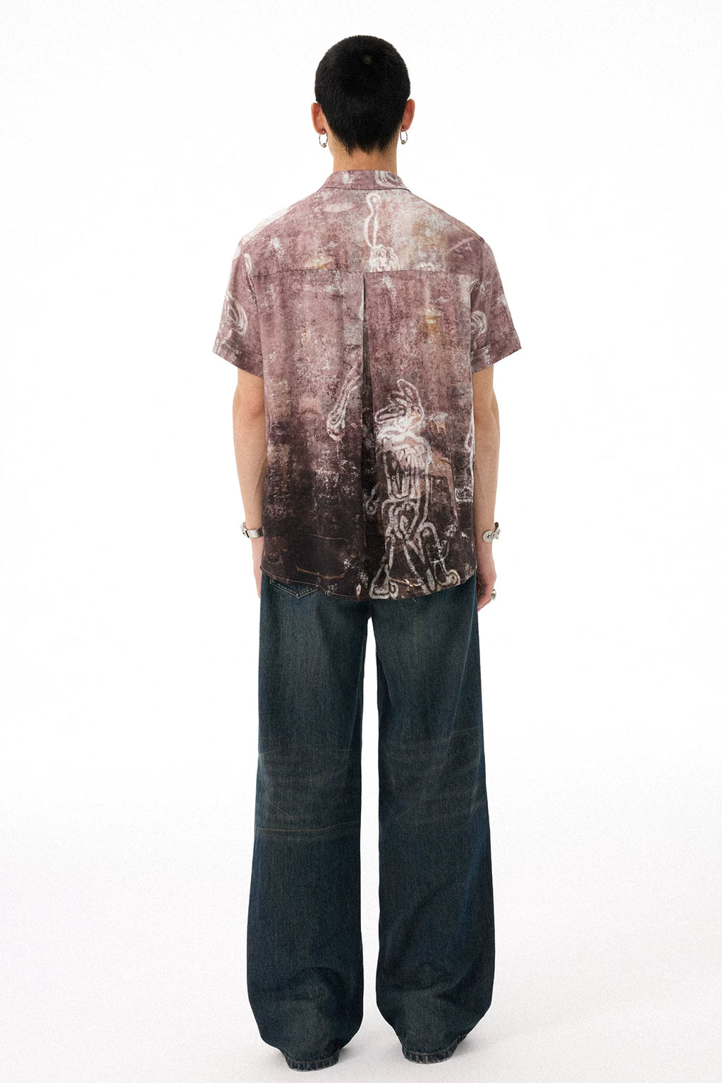 Vintage Workwear-Inspired All-Over Print Draped Short Sleeve Shirt