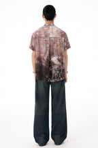 Vintage Workwear-Inspired All-Over Print Draped Short Sleeve Shirt