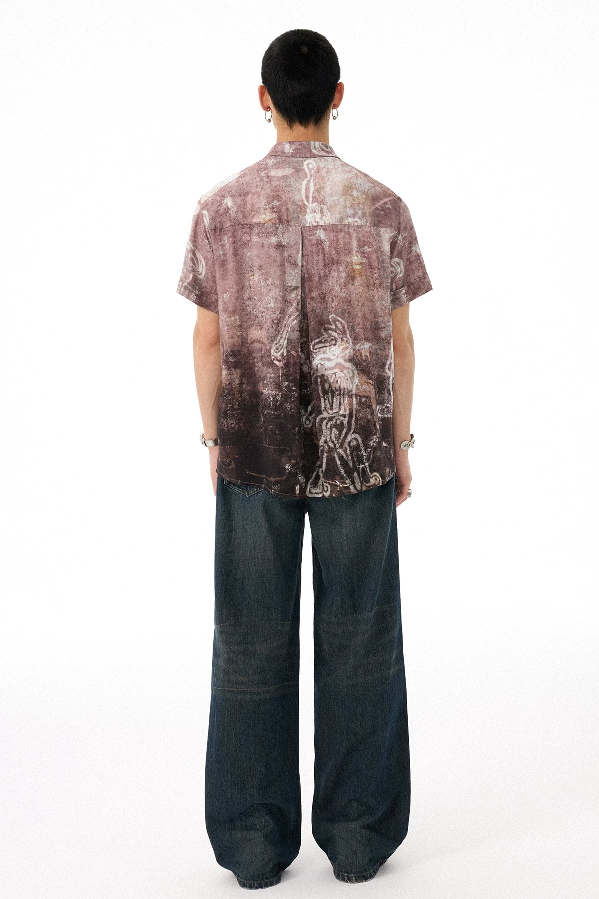 Vintage Workwear-Inspired All-Over Print Draped Short Sleeve Shirt