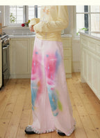Light Pink Hand-Drawn Print Raw Hem Loose Wide-Leg Jeans