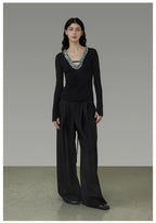 Black Tie-Waist Pleated Wide-Leg Pants