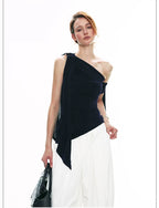 French-Inspired Acetate One-Shoulder Tie Detail Sleeveless Top