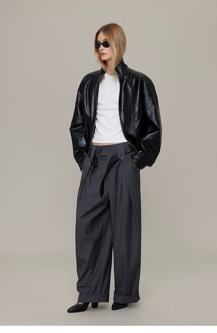 Waxed Black Leather Moto Jacket with Curved Shoulders