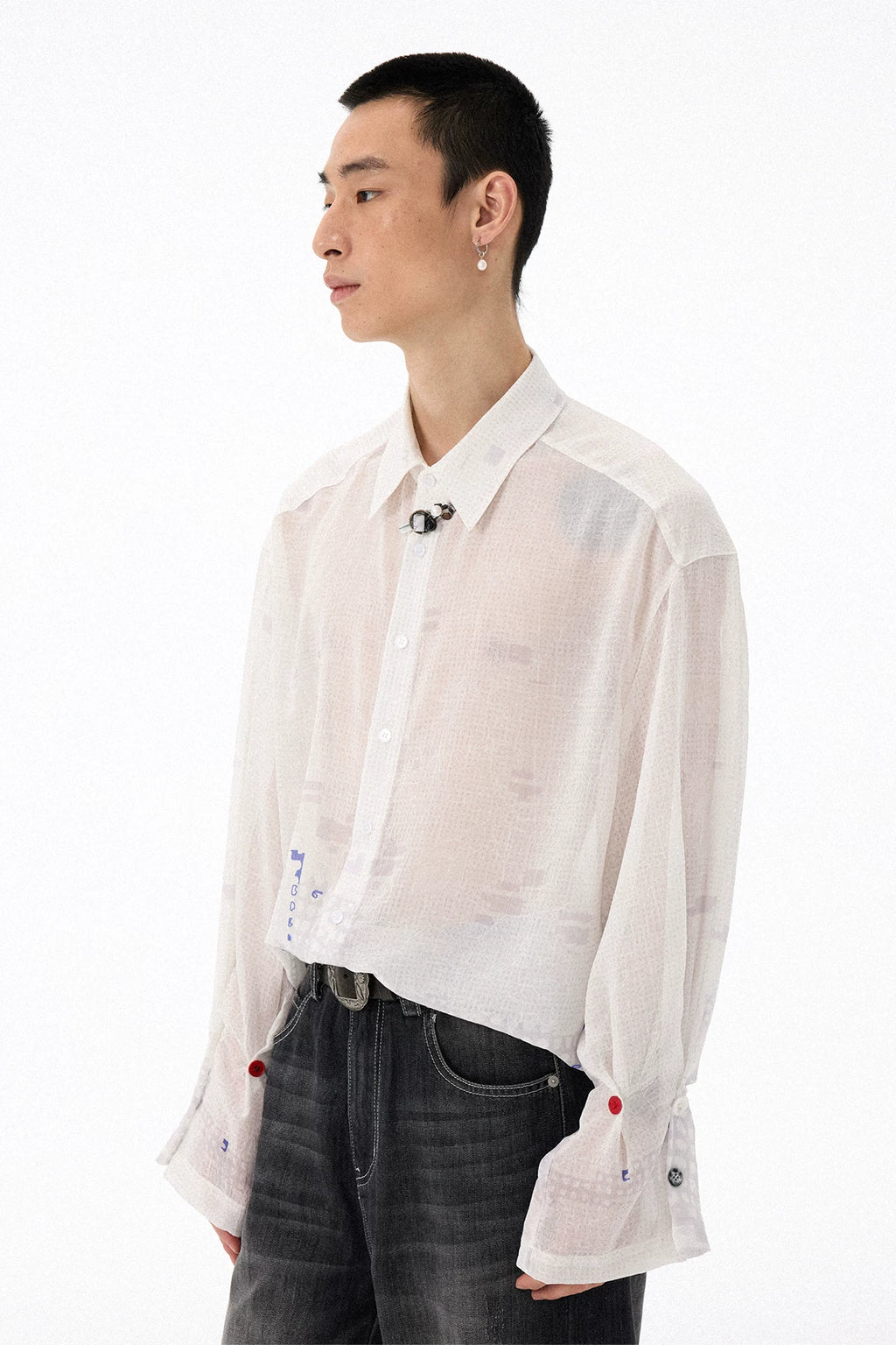 All-Over Print Lightweight Semi-Sheer Crinkled White Shirt