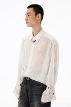 All-Over Print Lightweight Semi-Sheer Crinkled White Shirt