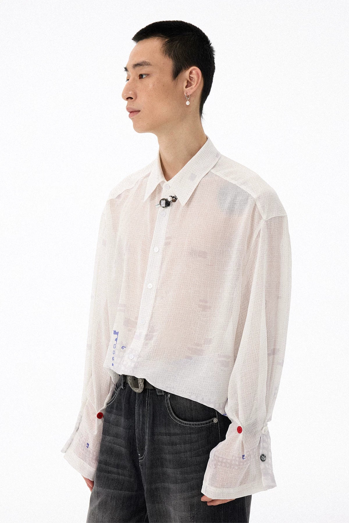 All-Over Print Lightweight Semi-Sheer Crinkled White Shirt