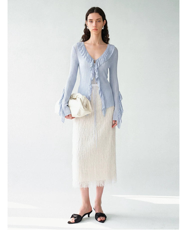 Lace Ruffle V-Neck Knit Cardigan