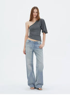 Asymmetric One-Shoulder Ruched Fitted Top