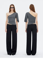 Asymmetric One-Shoulder Ruched Fitted Top