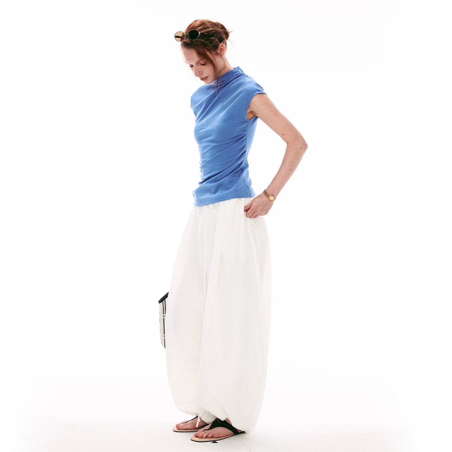 French-Inspired Mock Neck Ruched Slim-Fit Cap Sleeve Top Secondary image