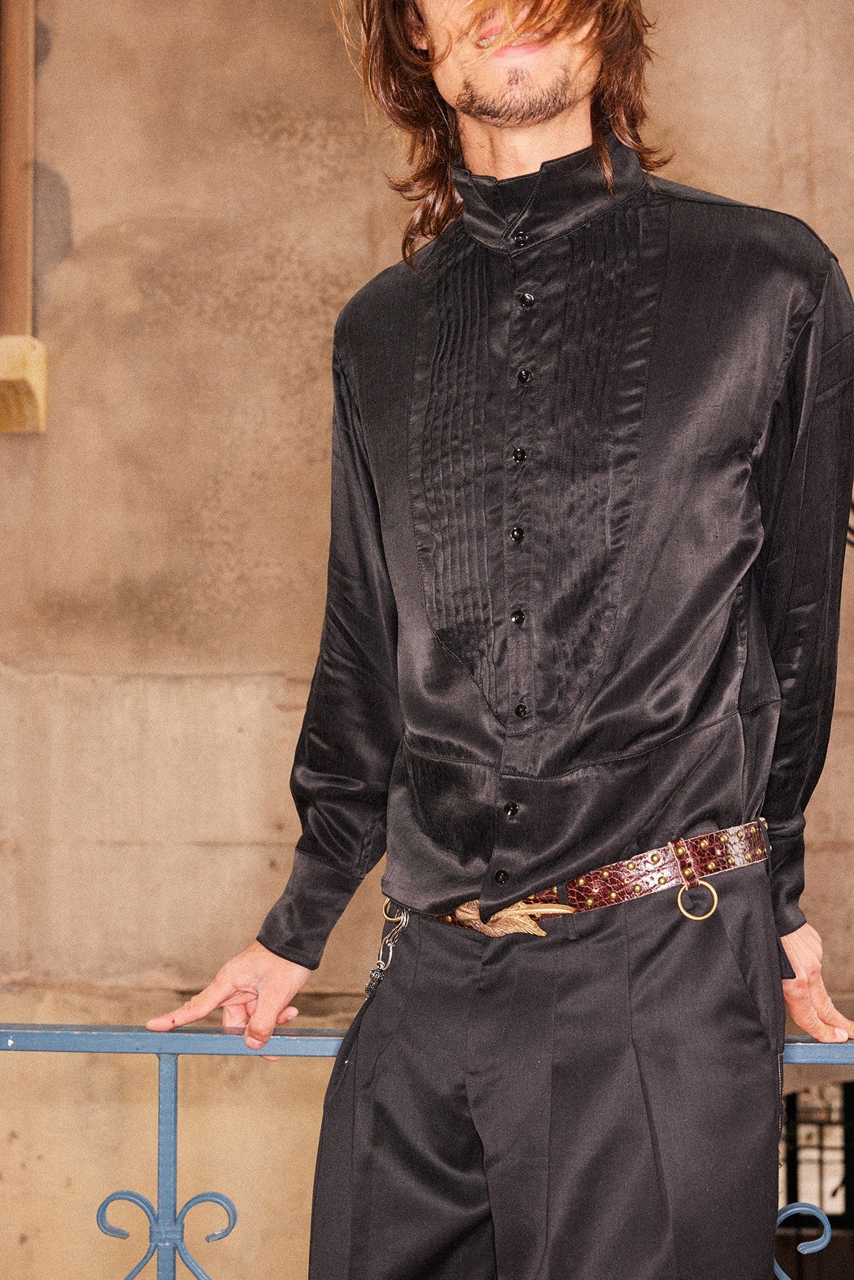 Stand-Collar Cupro Button-Down Shirt