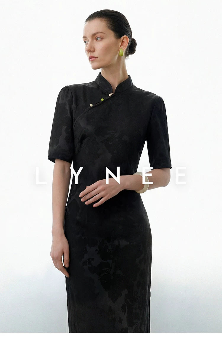Jacquard Bias-Cut Mid-Sleeve Cheongsam Dress