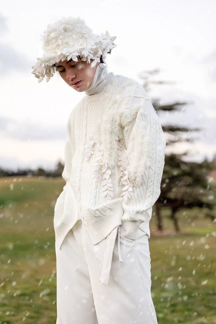 Vintage Asymmetric Chunky Knit Sweater with 3D Leaf Fringe