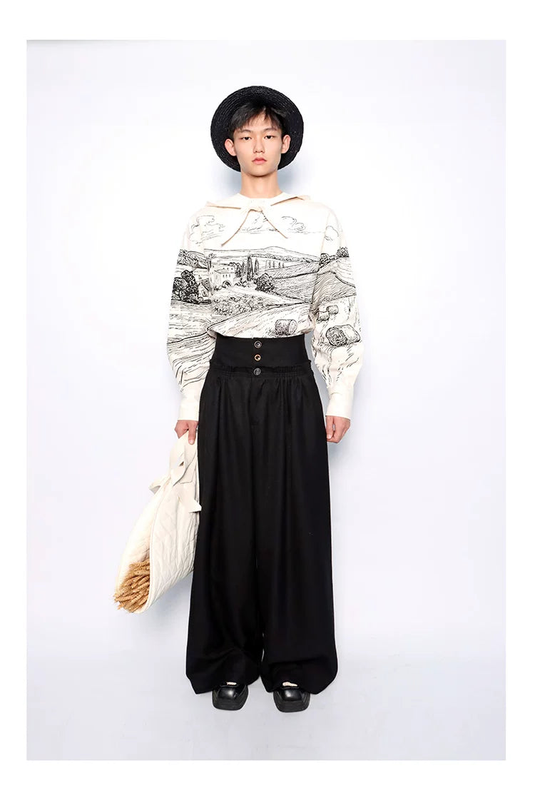 Vintage High-Waist Ruched Loose Wide-Leg Pants