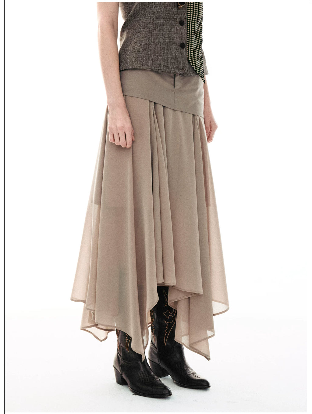 French-Inspired Faux Two-Piece Asymmetric Silk Skirt