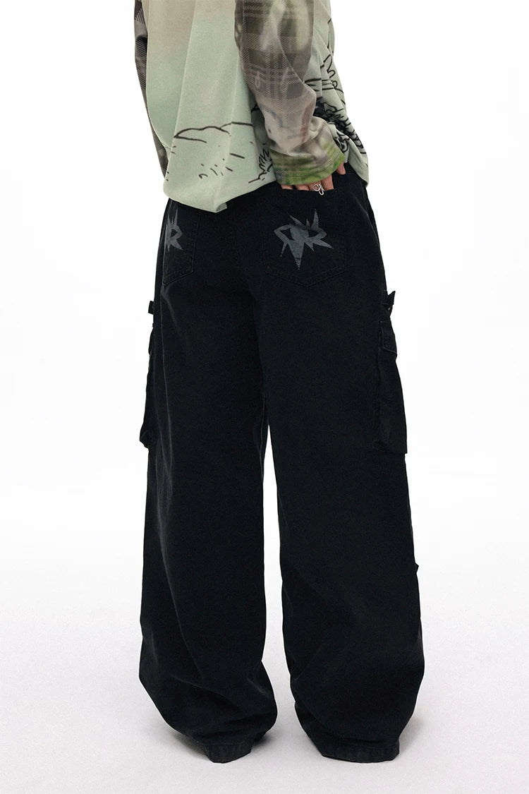 Grotesque Hand-Drawn Graphic Panel Loose Fit Cargo Denim Pants