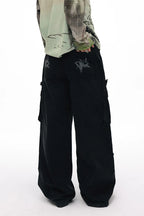 Grotesque Hand-Drawn Graphic Panel Loose Fit Cargo Denim Pants
