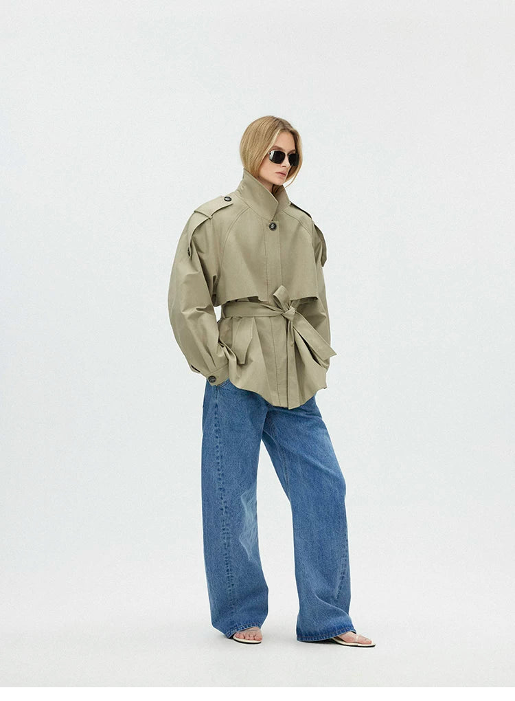 Cropped Trench Jacket with Curved Shoulders and Tie Detail