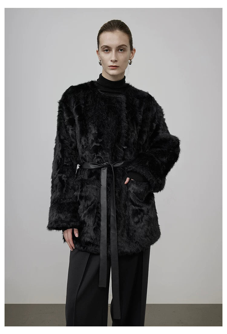 Black Faux Shearling Fur-Lined Coat