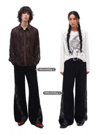 Plaid Lace Panel Draped Boho Flared Jeans