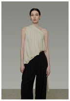 French-Inspired Asymmetric One-Shoulder Sleeveless Top with Tie Detail