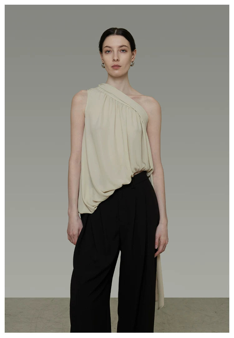 French-Inspired Asymmetric One-Shoulder Sleeveless Top with Tie Detail