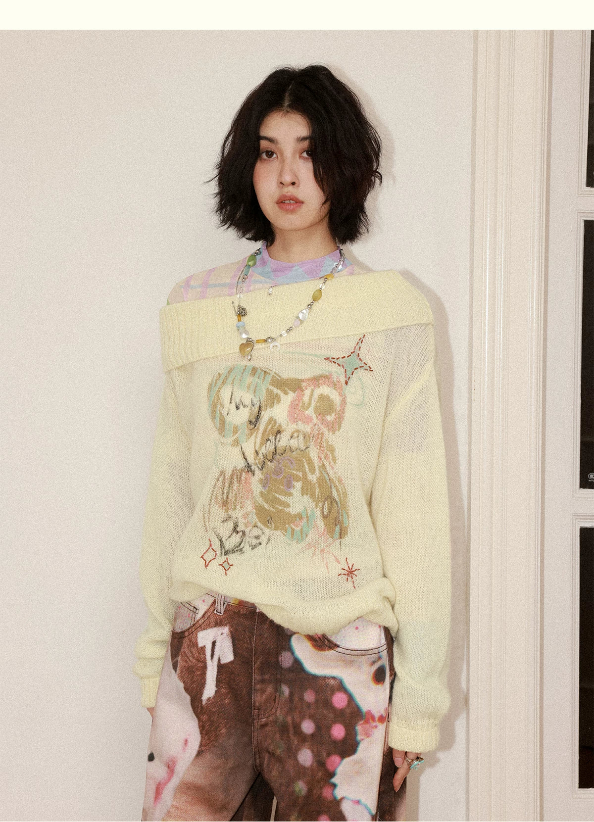 Graffiti Beaded Off-Shoulder Pullover Sweater Secondary image