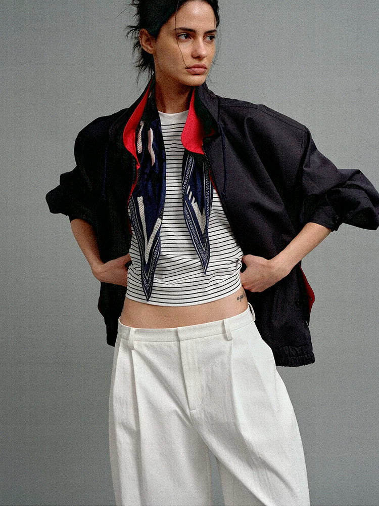 Contrast Trim Double-Placket Stand Collar Oversized Jacket