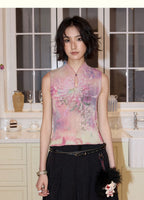 New Chinese Style All-Over Print Pleated Mock Neck Sleeveless Tank Top