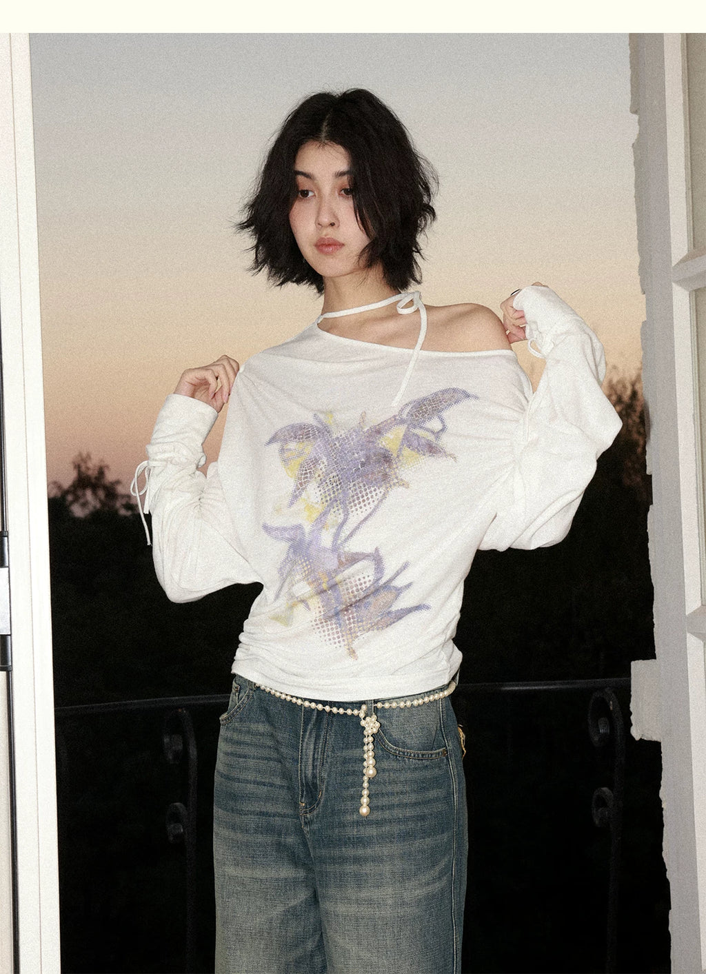 Orchid Print One-Shoulder Tie-Up Long Sleeve T-Shirt
