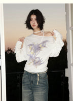 Orchid Print One-Shoulder Tie-Up Long Sleeve T-Shirt