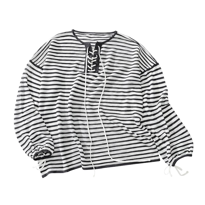 French Striped Lightweight Knit Long Sleeve Top