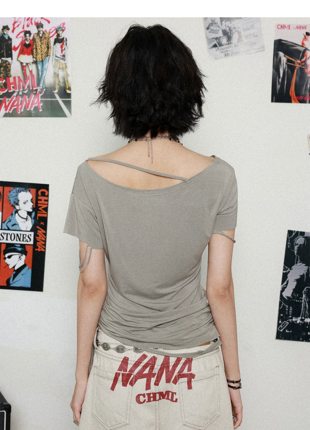 NANA Collaboration Distressed Drawstring Off-Shoulder Short Sleeve T-Shirt