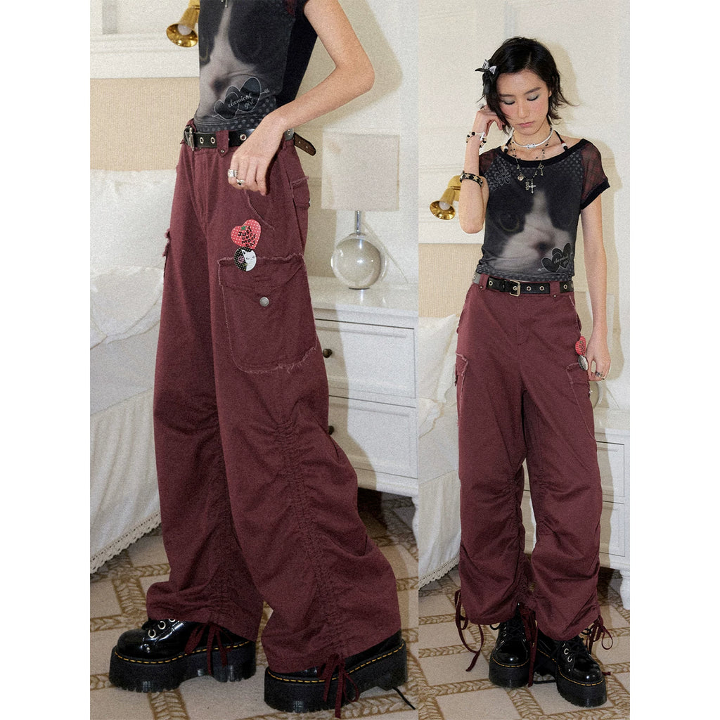 Distressed Washed Drawstring Cargo Straight-Leg Pants