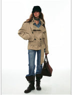French Vintage Double-Breasted Cropped Trench Jacket