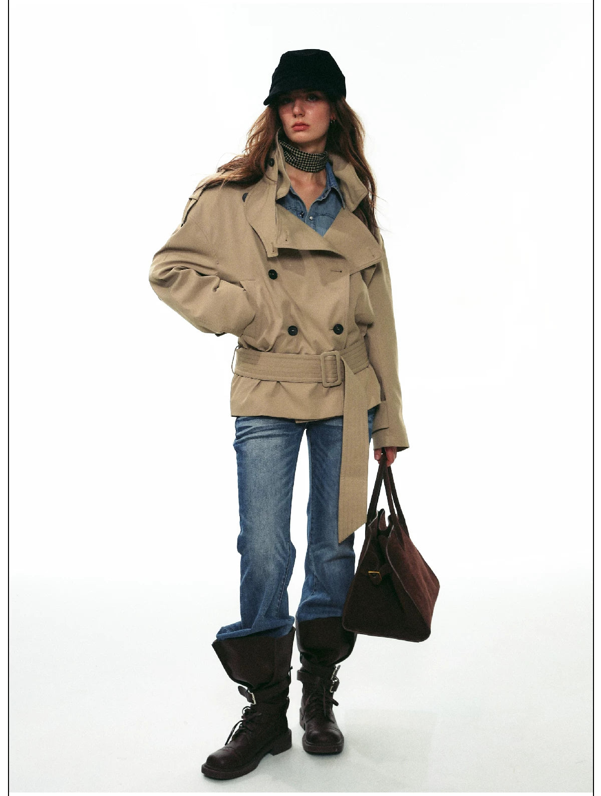 French Vintage Double-Breasted Cropped Trench Jacket