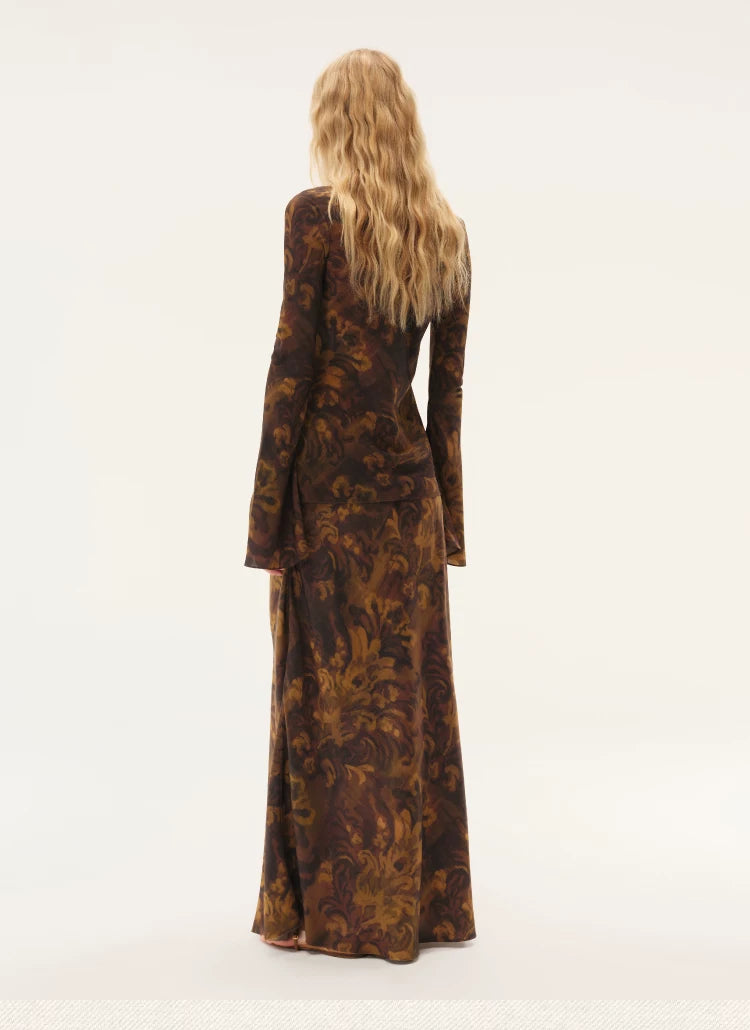 Painterly Print Mulberry Silk Midi Skirt