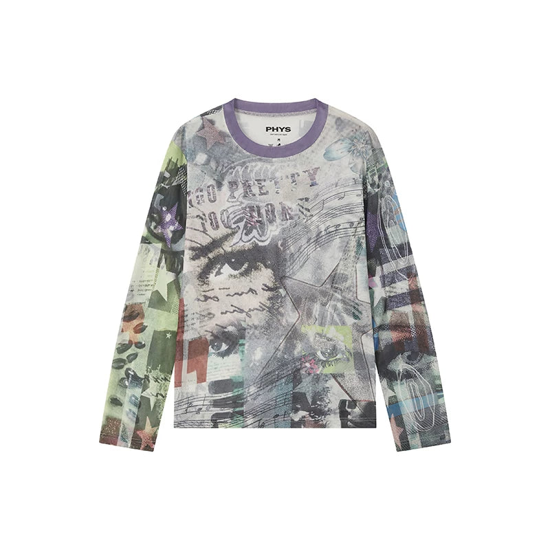 Pop Art Collage Stretch Mesh Long Sleeve Top Main image