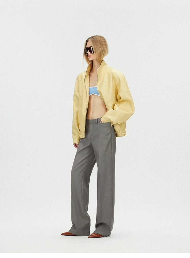 Butter Yellow Curved-Shoulder Leather Bomber Jacket