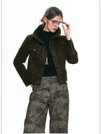 French-Inspired Vintage Flocked Twill Cropped Biker Jacket