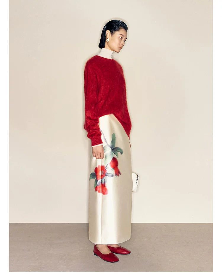 Gradient Pomegranate Floral Straight Skirt