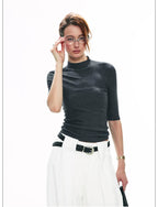 Tencel Knit Slim-Fit Short Sleeve Top with Mock Neck