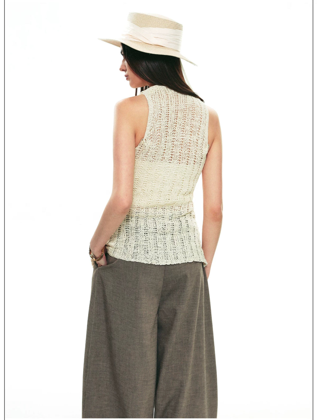 French Vintage Sleeveless Pointelle Knit Vest for Summer